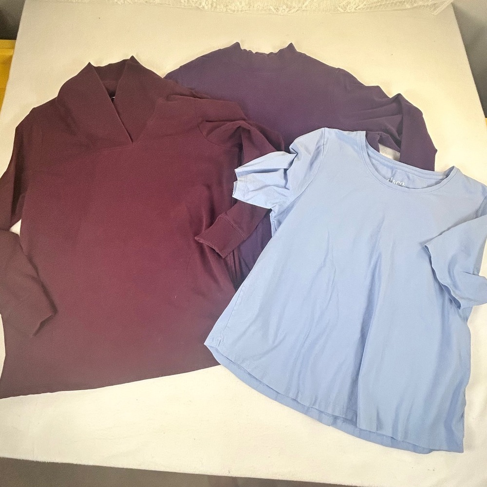 Lot 3 Womens Tops Croft & Barrow Mock Neck Denim & Co Blue Tee Burgundy Pullover